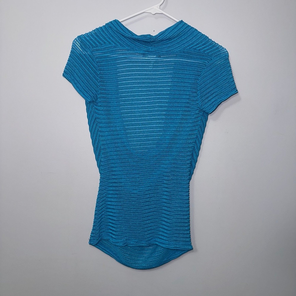 Stargazer Women's Blue Draped Cowl Neck Ribbed Knit Short Sleeve Top - Small - Picture 3 of 6